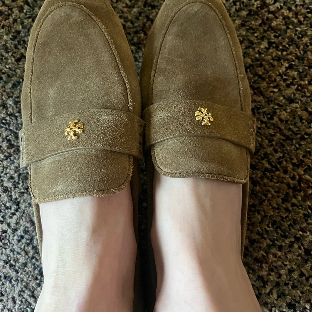 Tory Burch Tan Suede Loafers with Gold Accent - Picture 1 of 1